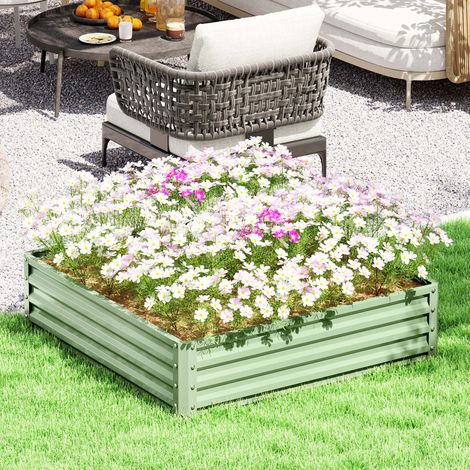 Carré potager de jardin potager surélevé, acier galvanisé, résistant à la rouille 120x120x30cm, vert clair (1/5)