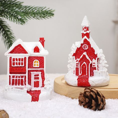 Deux figurines en résine représentant des chalets de village de Noël, mini décorations de bureau pour scène de Noël,ornements de bureau pour les fêtes (1/5)