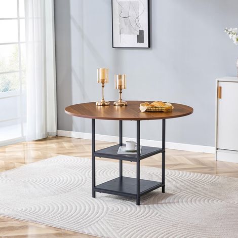 Runder Esstisch mit 107 cm Durchmesser und doppelter Ablage in Nussbaum-Optik, MDF-Platte + Metallgestell, geeignet für 2–4 Personen, perfekt für europäische Familienessen. (1/5)