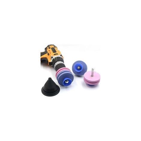 Affûteur de lames de tondeuse à gazon, kit de 4 pièces : double affûteur bleu/rose + quatre affûteurs bleus/roses + équilibreur. Kit d’affûtage universel pour lames de tondeuse, scies électriques et t (1/4)