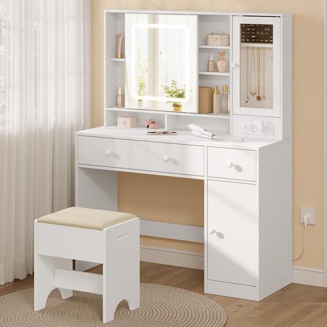 WOLTU Toeletta con Specchio+Sedia, Tavolo da Trucco con Specchio a Luce LED Regolabile, Cassetti e Ripiani, Bianco