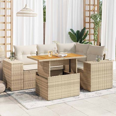 5-tlg. Garten-Sofagarnitur mit Kissen Beige Poly Rattan (1/5)