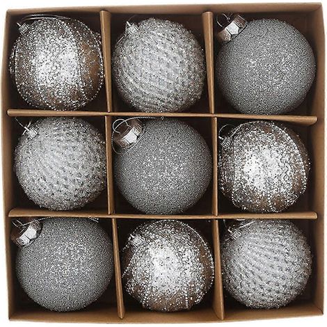 Boules de Noël de 8 cm (3,15 pouces), lot de 9, à paillettes et dentelle, décorations de Noël, cadeaux de Noël, décorations pour sapin de Noël, argentées (1/5)