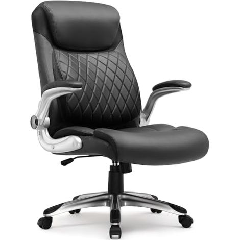 Chaise de Bureau Ergonomique,Fauteuil avec Accoudoirs Pliables et Dossier Haut, Fonction Bascule, Fauteuil de Direction Réglable en Hauteur，Cuir résistant aux Rayures，Noir