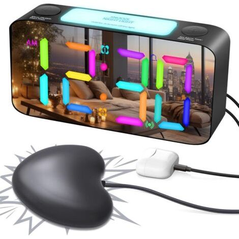Réveil à vibrations extrêmement fort pour sourds/dormeurs profonds/malentendants, réveil numérique RVB pour chambre d'enfan (1/4)