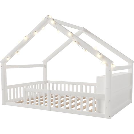 Cama infantil 140 x 190 cm de pino blanco con barreras, estantes laterales y LED, sin colchón (1/5)
