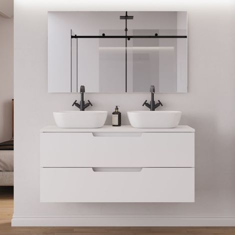 Meuble de salle de bain 120cm avec plateau et 2 vasques à poser arrondies - 2 tiroirs - blanc mat - SONRIZA (1/5)