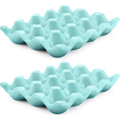 Set of 12 ceramic egg cups - Porcelain egg tray - Decorative storage container and organizer - Serving rack for refrigerator, countertop - 2 packs (Blue) (1/5)