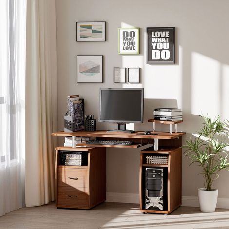 Escritorio moderno de madera para ordenador con cajones, escritorio que ahorra espacio con estantería, estante extraíble y bandeja para teclado, 120x55x85cm, marrón