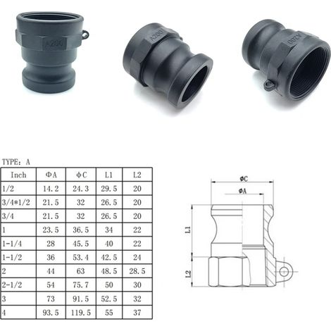 Raccord rapide à came en PP (type A-1/2") Adaptateur de tuyau en plastique de type A B C D DC DP E F pour l'eau, les produits chimiques et l'irrigation agricole (1/5)