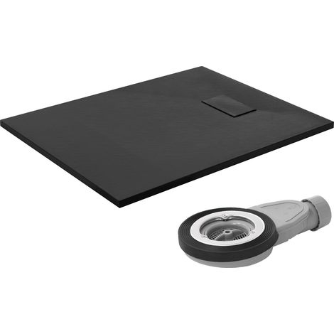 LuxeBath Duschwanne 100x80 cm Schwarz mit Ablaufgarnitur, Extra flache & robuste SMC Duschtasse, Rechteckige Brausewanne H:30 mm, Design Brausetasse Anti-Rutsch-Oberfläche in Schieferoptik mit Siphon (1/5)
