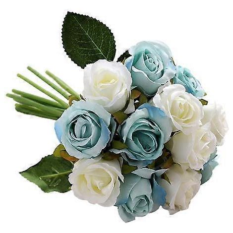 Bouquet de 12 roses artificielles pour mariage, composition florale à faire soi-même, décoration pour la maison et les fêtesblanc, bleu (1/5)