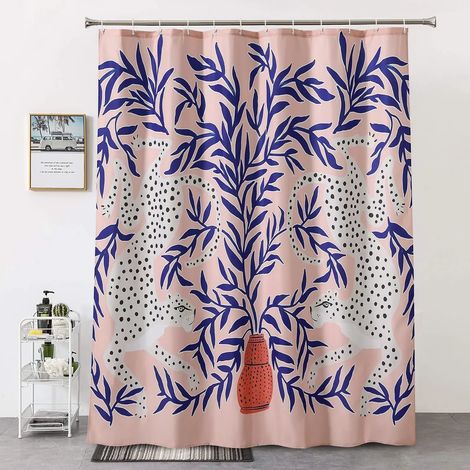 Rideau de douche bohème guépard, rideau de bain léopard tropical, rideau de salle de bain moderne rose à motif floral bleu et phases de lune, 120 x 180 cm - 47 x 70 pouces