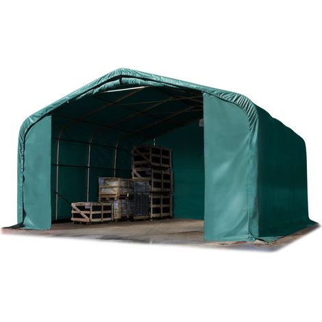 6x6m hangar TOOLPORT, porte 4,1x2,9m, toile PRIMEtex PVC 2300 N vert foncé, anti-feu, avec statique (type de sol : béton)