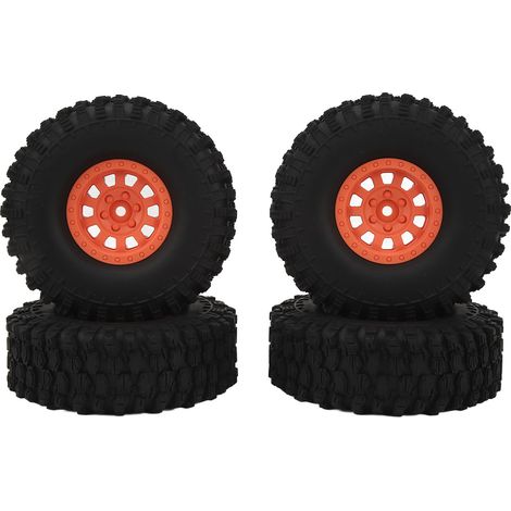 pneus de voiture RC, 120 mm (1,9 pouce), en caoutchouc avec moyeu en nylon à 10 rayons, compatibles avec Axial SCX10 90046, Traxxas et Redcat GEN8, orange. (1/5)