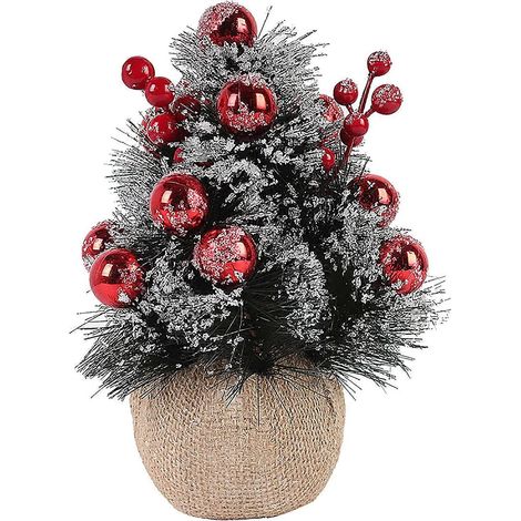 Mini-Weihnachtsbaum aus künstlichem Material, 24 cm, mit künstlichen Tannennadeln und einem Stoffbeutel mit roten Beeren.