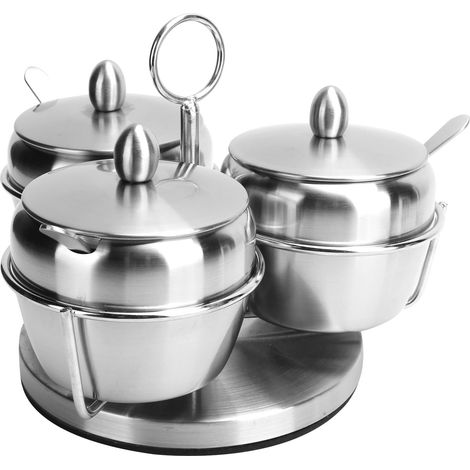 Pot à épices en acier inoxydable avec couvercle et grille de rangement rotative, et cuillère intégrée. (1/5)