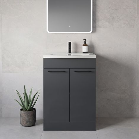 Napoli 390 Gloss Grey 600mm 2 Door Vanity Unit with Arc Basin - 600mm - Matt Black 160mm Handle
