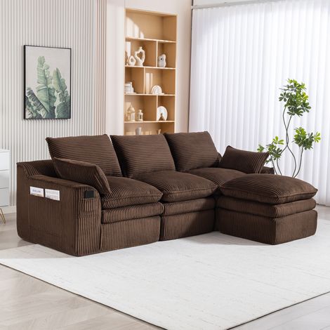 Sofas Modulares 3-Sitzer-Sofa mit Fußstütze, Kissen und Seitentaschen, aus braunem Rippenvelours