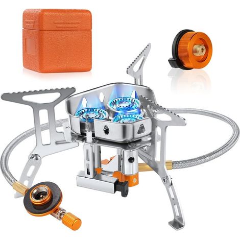 Réchaud de Camping à Gaz, 6800W Portable Brûleur Camping Super Puissance de Feu, Trois brûleurs avec Bouton d'Allumage, Pliable Poids Léger Coupe vent, pour Camping/Randonnée/Pique Nique (1/5)