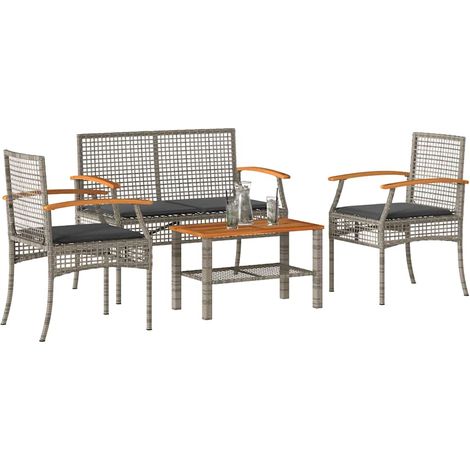 4-tlg. Garten-Lounge-Set mit Kissen Grau Poly Rattan