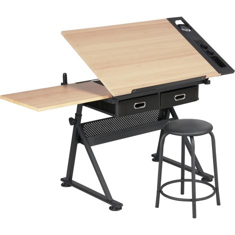 Yaheetech – Table à dessin inclinable avec tabouret et 2 tiroirs – Hauteur réglable 69,5-92,5 cm – Matériaux MDF et métal – Angle réglable 0°-60°