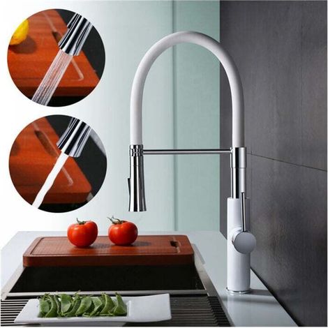 Kitchen Faucet With Mixer White Sink Sprayer Variable Flow High Swivel Arm Silicone Hose MUMU (1/4)