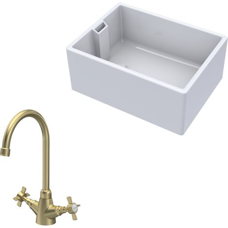 Fireclay Kitchen Bundle - 1 Bowl Belfast Sink & Mono Crosshead Handle Tap, 615mm - Brushed Brass