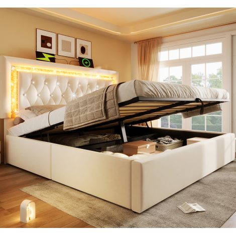 FLORAGRACE Lit rembourré 160x200 cm en velours beige avec LED au bandeau diamant, USB & Type-C (1/5)