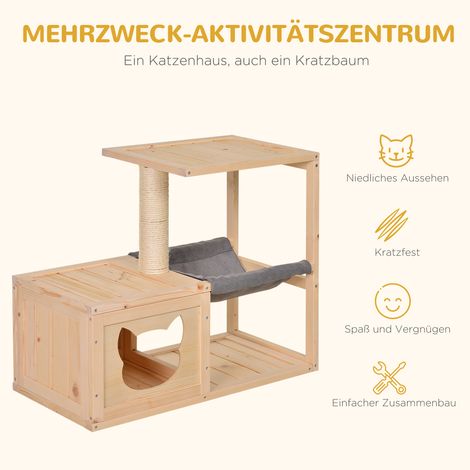 Arbre à chat en bois naturel, panier hamac, poteau à griffer sisal, plateforme, griffoir pour chat d'intérieur, 70 x 35 x 60 cm (1/4)