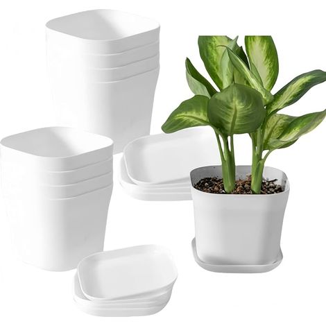 Lot de 10 pots de fleurs en plastique - Auto-arrosage avec soucoupe - Diamètre : 10 cm - Convient pour l'intérieur et l'extérieur - Blanc (1/5)
