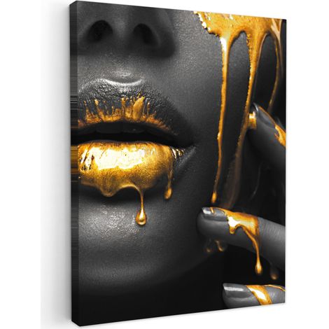 CUADRO EN LIENZO Mujer - Negro - Oro - Cara - Labios Lienzo 30x40 cm