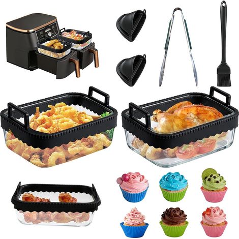 2 Pcs Accessoires Air Fryer pour AF400EU/AF500EU/DZ400EU, Pièces de Rechange pour Friteuses Plats en Verre avec Poignées 2, Brosse en Silicone1, Pince2 et Pince à Grillades1 (1/5)