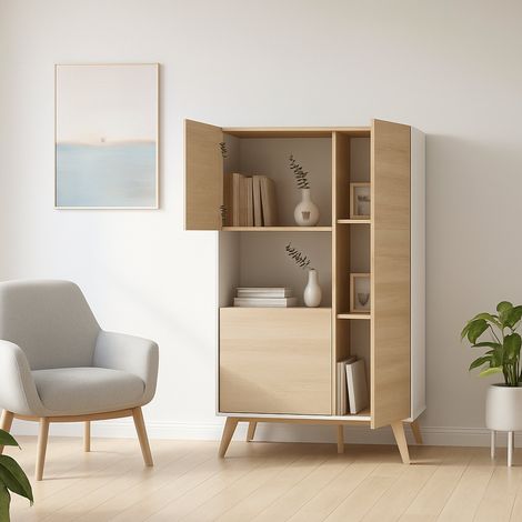 Dmora - Sideboard Boario, Hohes Buffet für Wohnzimmer, Modernes Sideboard für Wohnzimmer mit 3 Türen, 81x43h135 cm, Eiche und Weiß (1/5)