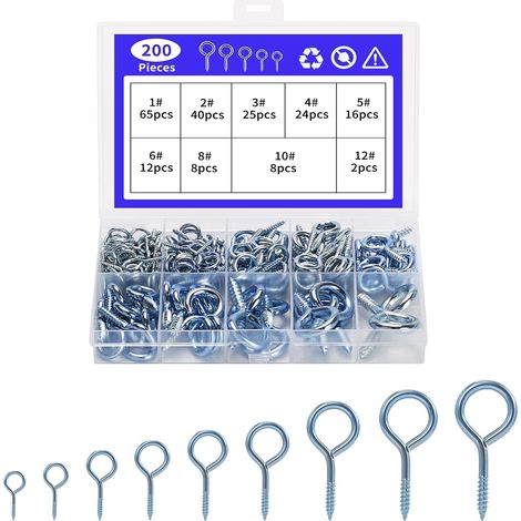 200 Pcs Vis à oeillets, petit oeillet a visser, crochet à visser pour bois, vis à œil autoforeuses en métal pour suspendre des cadres photo (9 tailles) (1/5)