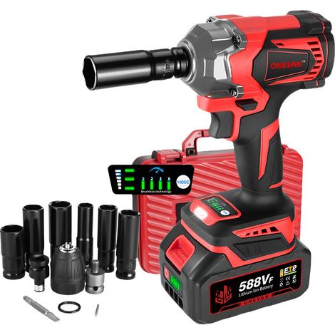 ONEVAN Llave de impacto inalámbrica sin escobillas de 700 Nm, 1/2" Atornillador de impacto eléctrico con 2 baterías de 3,0 Ah para reparación de automóviles, construcción y carpintería, caja con 12 ac