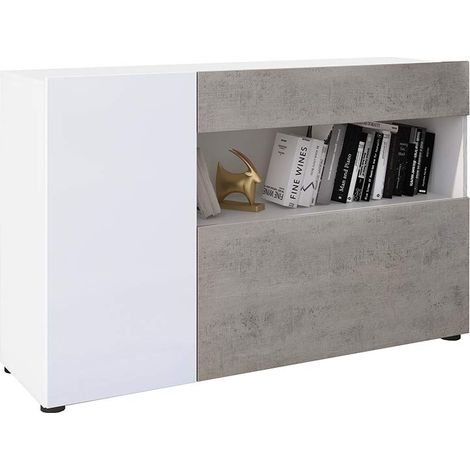 Credenza Moderna Madia Mobile Contenitore In Melaminico Con 2 Ante 1 Cassetto E Ripiani Interni Design Minimal Senza Maniglie Soggiorno Salotto Ingresso 130 x 81 x 41 Cm Bianco E Grigio Cemento