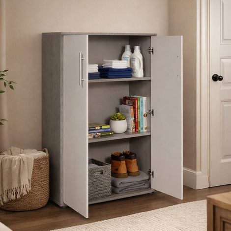 Dmora - Armadio multiuso 2 ante Angie, Mobile ausiliario, Guardaroba portascarpe, Libreria multifunzione a 2 ante, 79x34h118 cm, Cemento e Bianco (1/5)