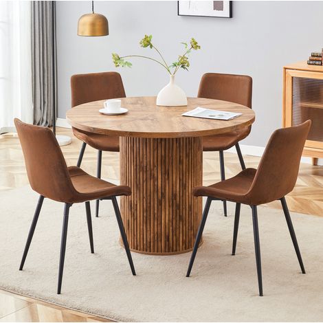 Set tavolo rotondo con 4 sedie 100 cm, piano in MDF effetto legno, tessuto marrone e metallo nero (1/5)