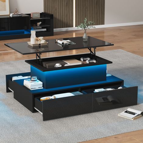 Mesa de centro 90x55x41 cm con iluminación LED y 4 cajones elegante mesa auxiliar negro brillante (1/5)