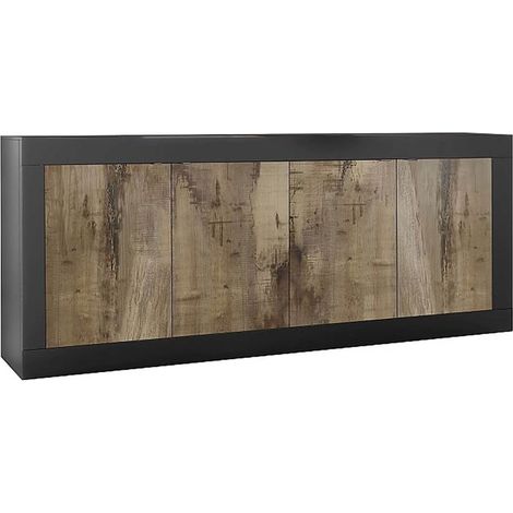 OTELLO - Buffet 4 Portes Finition Noir Mat et Aspect Bois Antik (1/3)