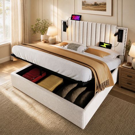 Letto contenitore matrimoniale 140x200 cm con luci da lettura e porte USB e USB-C, in cotone beige, senza materasso (1/5)