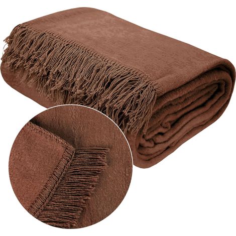 Coperta in cotone 150x200 con frange, tinta unita marrone cioccolato (1/5)