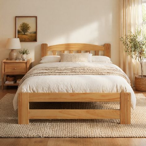DESMIU Lit simple 1 place avec tĂŞte de lit et pied central, 90 Ă— 200 cm, sans matelas, en bois massif, naturel (1/5)