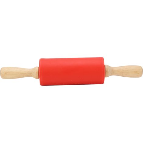 Mattarello rosso antiaderente in silicone per pasta, utensile da cucina con manico in legno. (1/5)