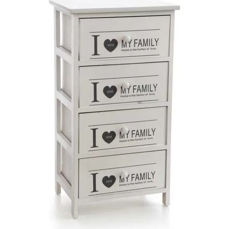 Cómoda de madera shabby chic 40 x 29 x 73 cm con 4 cassetti y frase decorativa "I LOVE MY FAMILY"