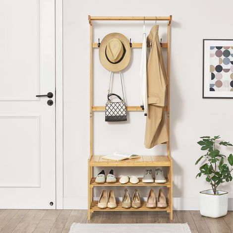 [En.Casa] – Meuble d'entrée portemanteau avec banc en bambou 168 x 70 x 35 cm – 5 crochets – 2 tablettes pour chaussures – Hauteur d'assise 48 cm - BANC 168 X