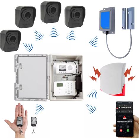 Kit "hangar agricole" - Point d'alerte GSM IP65 + 4 détecteurs de mouvement + 1 d'ouverture + 1 sirène (DA600+/KP) (1/5)