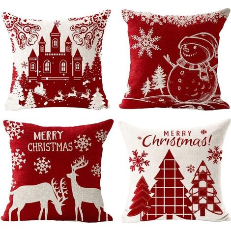 Housses de Coussin Joyeux Noël Lot de 4 en Coton et Lin Taie d'oreiller l'hiver Noël Wapiti Chateau Bonhomme de Neige Modèle Décoration pour Canapé Chambre Maison 45 x 45 cm