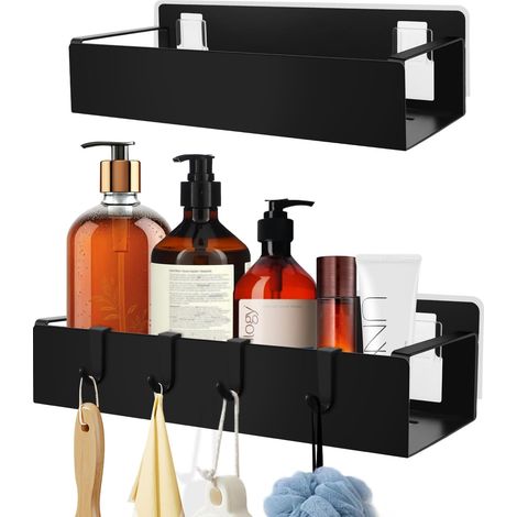 Etagere Douche sans Percage, 2 Pièces Rangement Etagere Salle de Bain, Étagère Murale sans Percage Support Rangement et Organisation de Salle de Bain pour Gel Douche, Shampoing (Noir) (1/5)